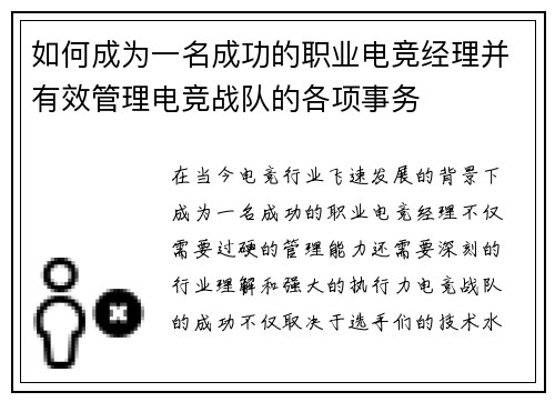如何成为一名成功的职业电竞经理并有效管理电竞战队的各项事务